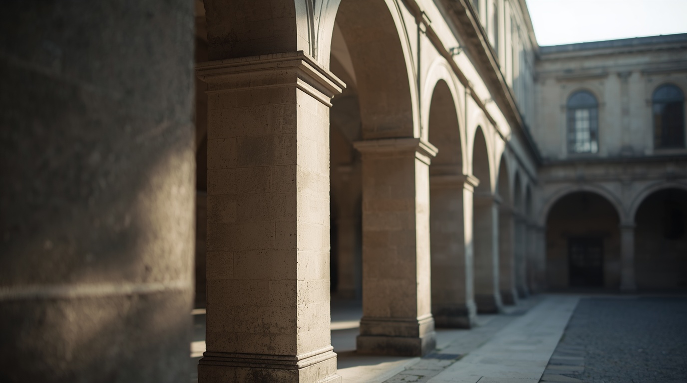 Stone arches of an old European university courtyard in soft morning light