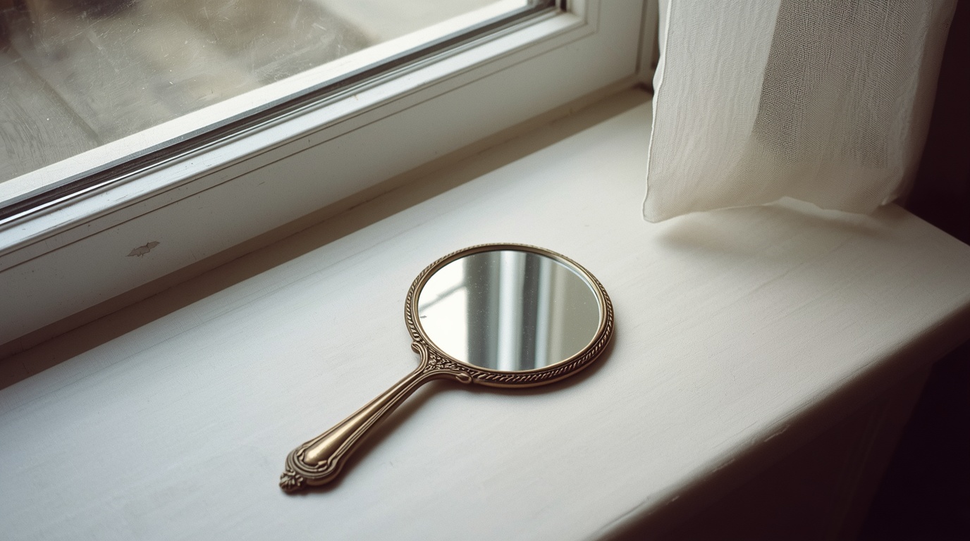 A plain antique hand mirror resting on a cream-painted windowsill in soft daylight